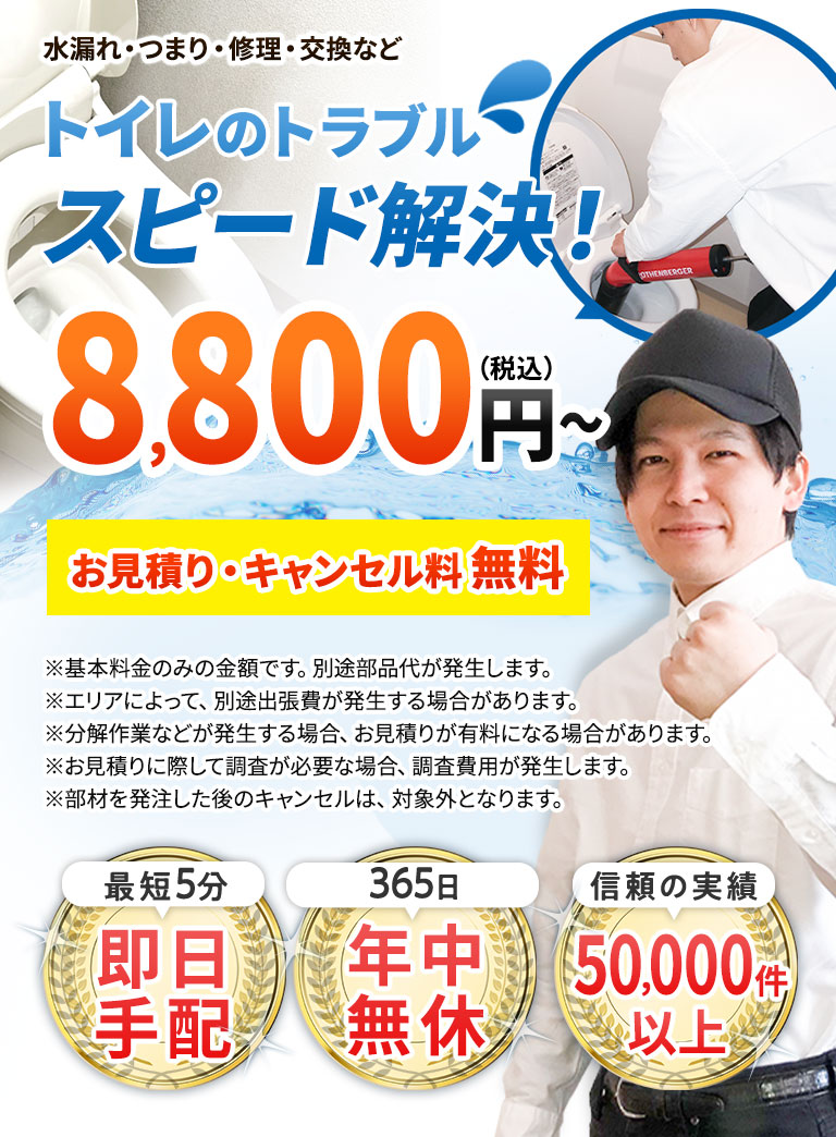 トイレのトラブルスピード解決！税込み2980円から お見積り・キャンセル料無料